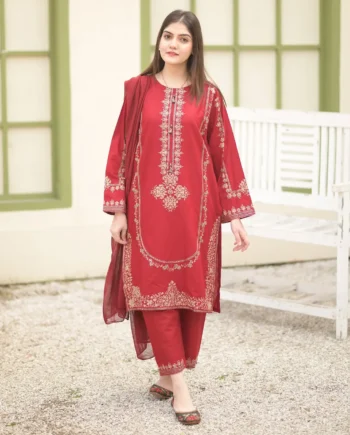 STITCHED 3 piece DRESS FA 224 Red